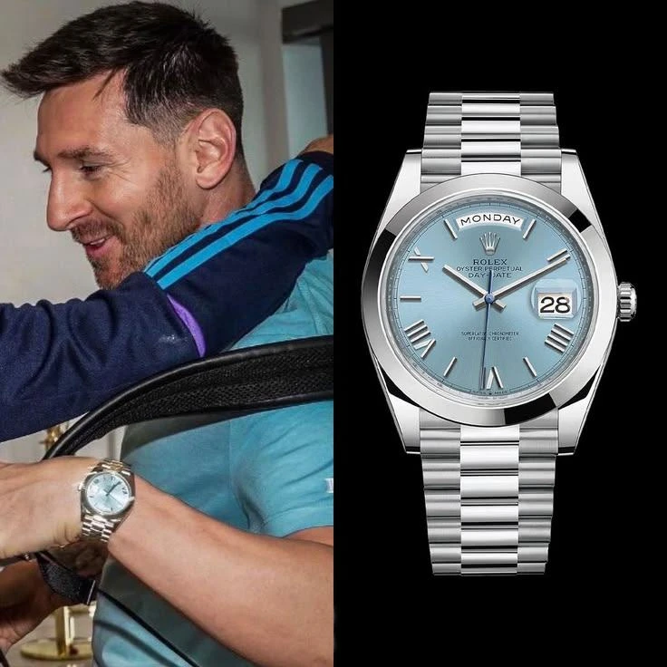 Lionel Messi wearing Rolex Day-Date Platinum 228206