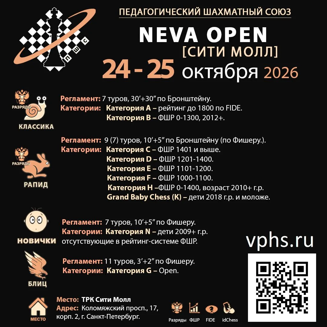 📢 24 - 25 ОКТЯБРЯ ПШС приглашает Вас на шахматный турнир NEVA OPEN Сити Молл!