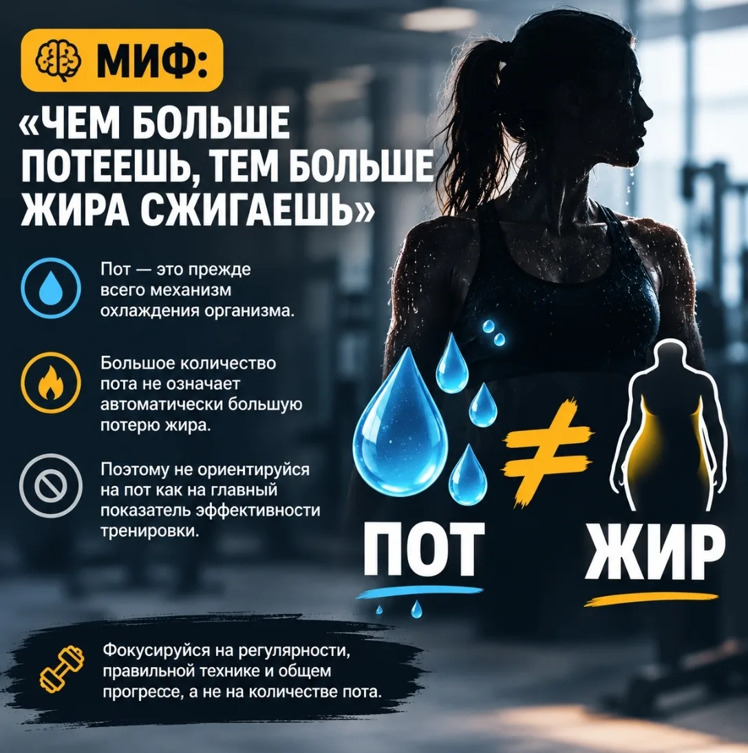🧠 МИФ: «ЧЕМ БОЛЬШЕ ПОТЕЕШЬ, ТЕМ БОЛЬШЕ ЖИРА СЖИГАЕШЬ»