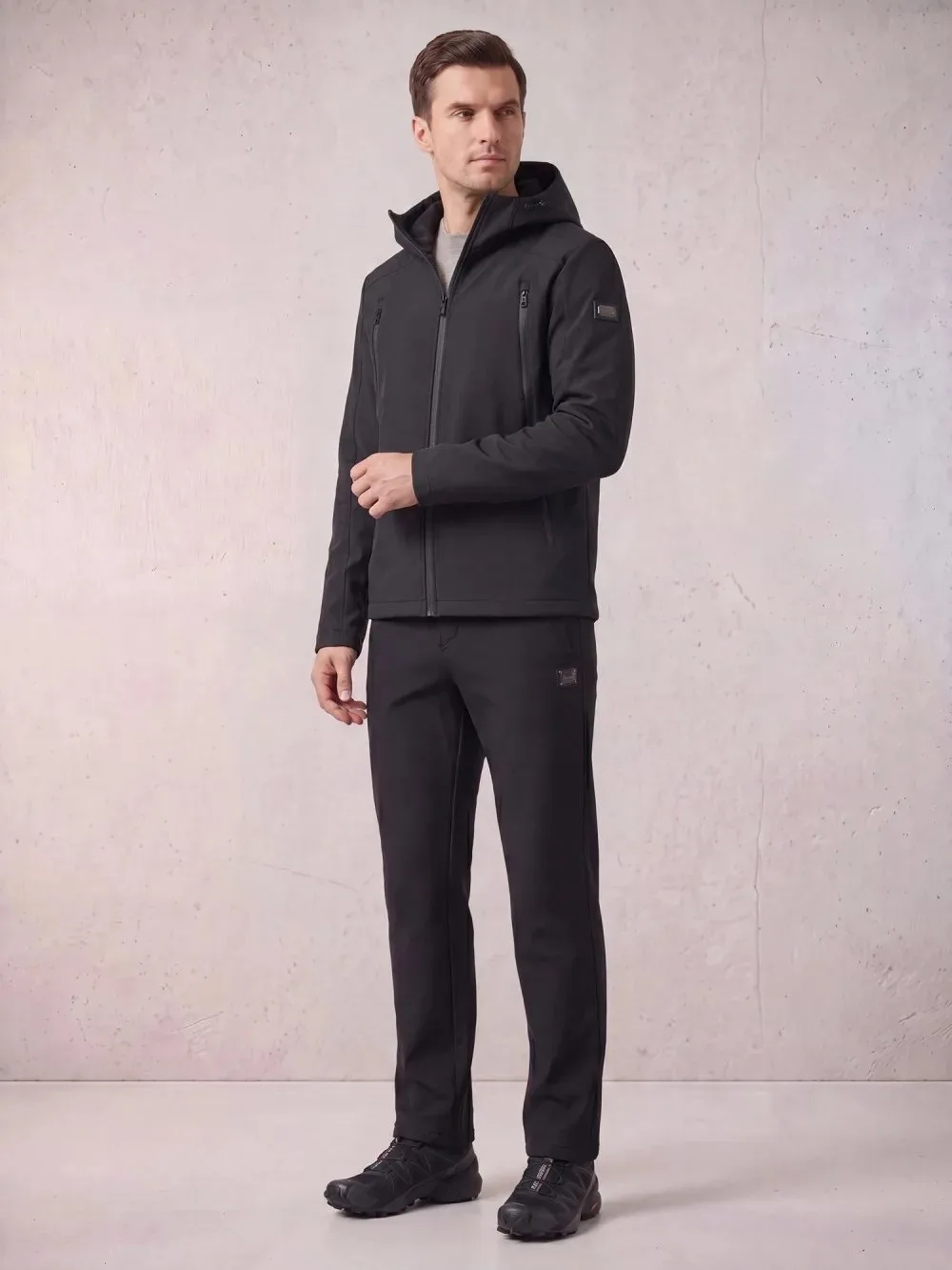🛍️ Мужской костюм из софтшелла с флисом и мембраной — утепленный черного цвета 09613Ch