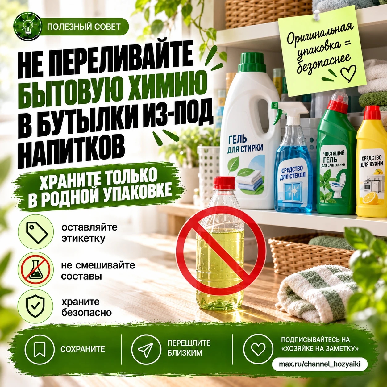 🧴 Никогда не переливайте бытовую химию в бутылки из-под напитков