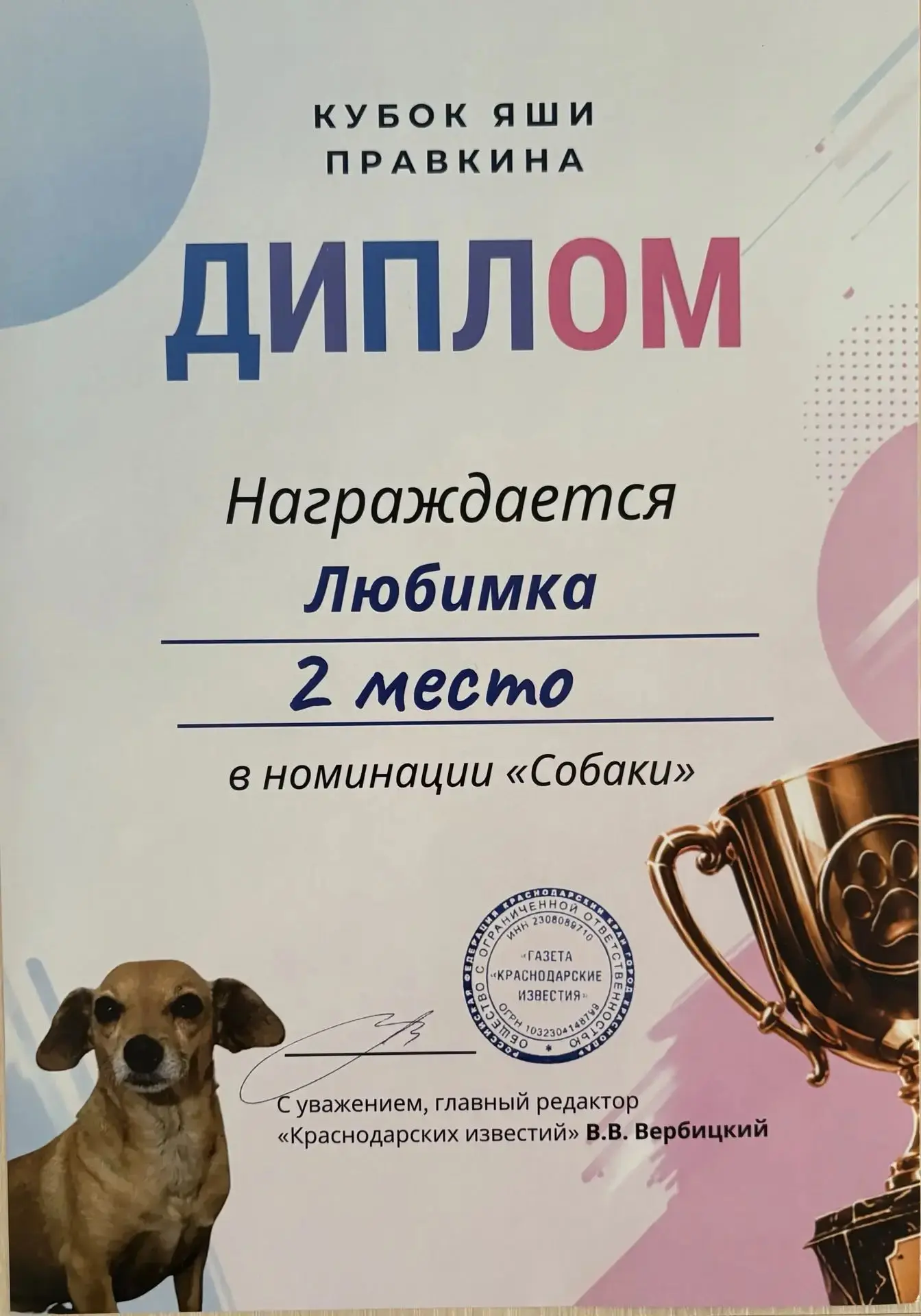 Ученица 3 "В" класса лицея 90 Шкирко Анна  участвовала в конкурсе о домашних животных, ...