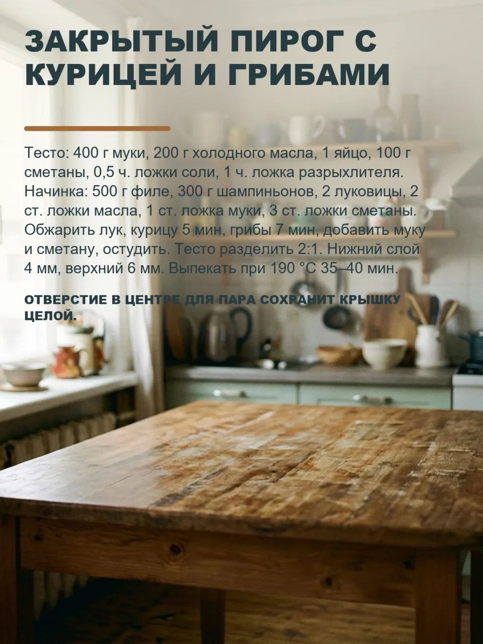 ОДИН ПРИЁМ С ТЕСТОМ ПРЕВРАЩАЕТ ОБЫЧНЫЙ ПИРОГ С КУРИЦЕЙ И ГРИБАМИ В СОЧНЫЙ, А НЕ СУХОЙ