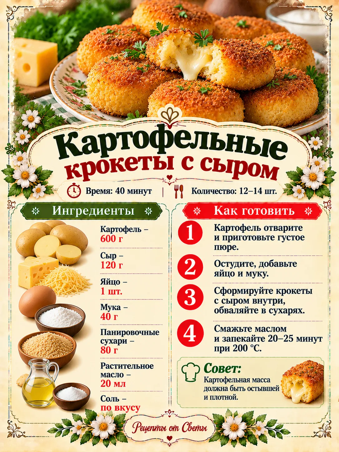 🥔 Золотистые картофельные крокеты с сыром, хрустящие снаружи и нежные внутри, только у...