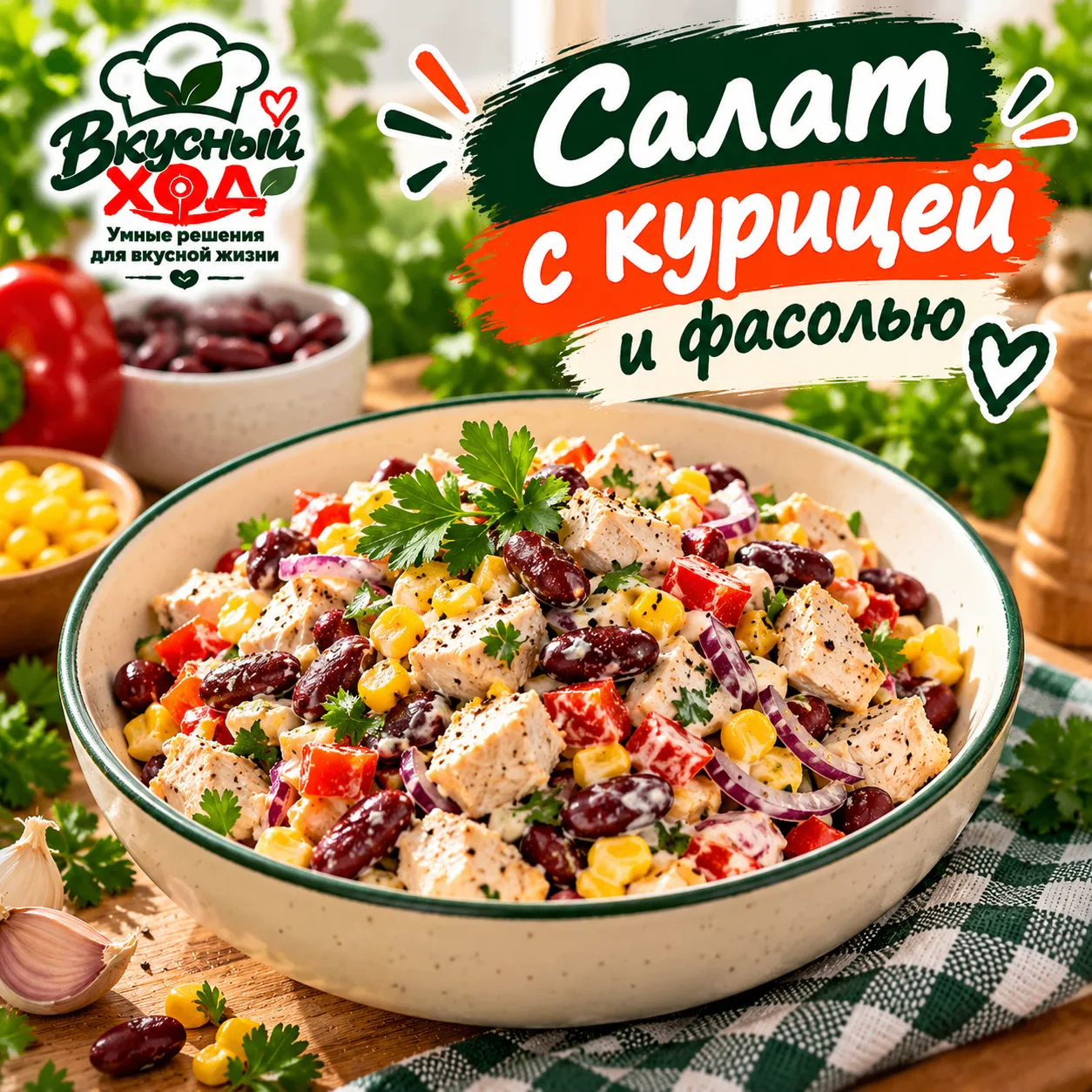 🥗 Салат с курицей, фасолью, сладким перцем и кукурузой
