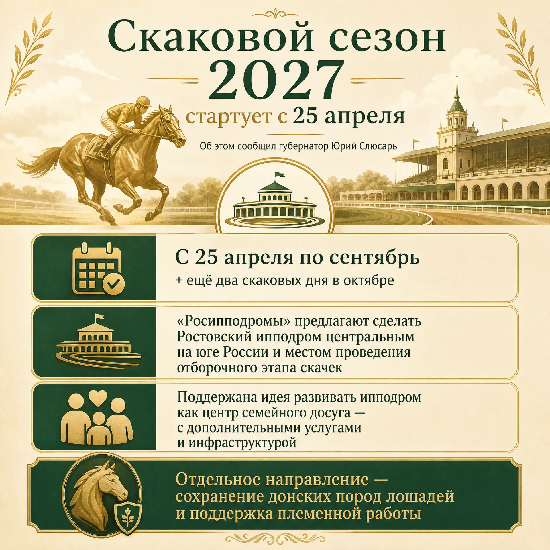 Скаковой сезон в 2027 году стартует с 25 апреля по сентябрь