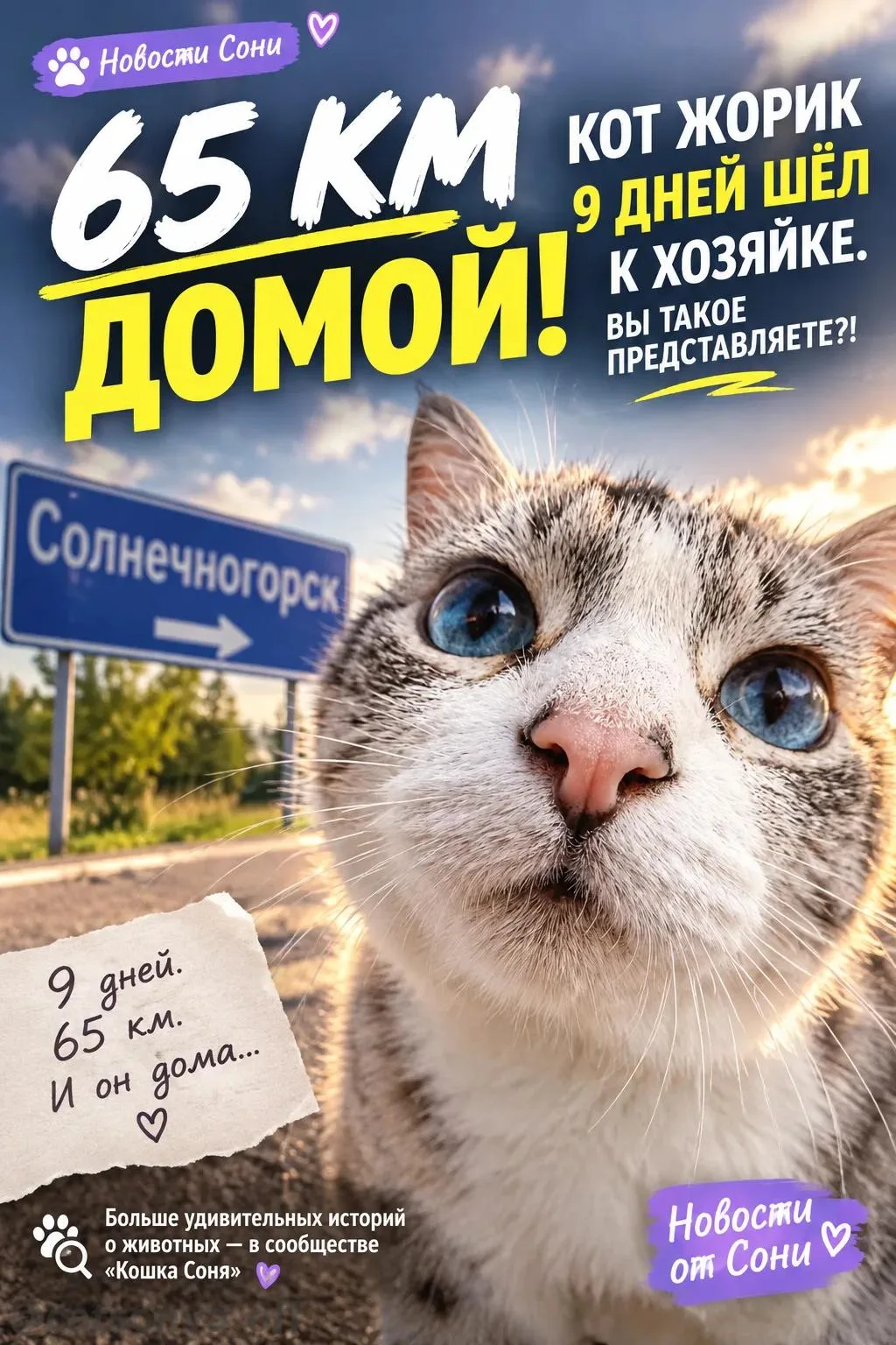 😿 65 КМ ДОМОЙ! КОТ ЖОРИК 9 ДНЕЙ ШЁЛ К ХОЗЯЙКЕ. ВЫ ТАКОЕ ПРЕДСТАВЛЯЕТЕ?!