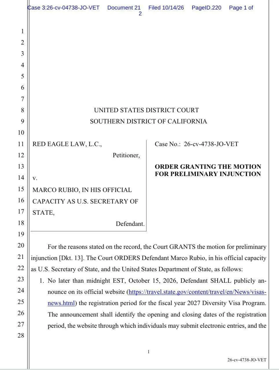 Суд США обязал возобновить лотерею грин-карт DV-2027 — регистрацию должны открыть не по...