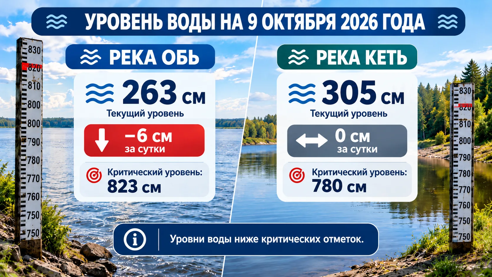 🌊 Уровни воды в Оби и Кети: данные на 9 октября