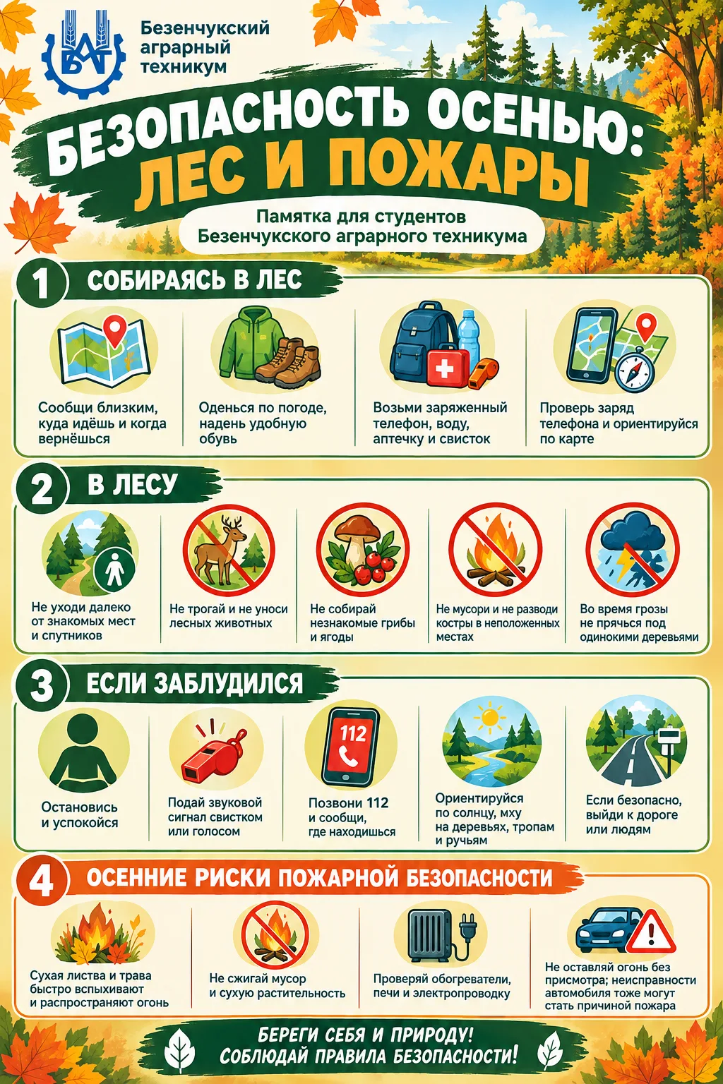 🍂🔥 ОСЕНЬ ЯРКАЯ — БЕЗОПАСНОСТЬ ОБЯЗАТЕЛЬНАЯ! 🌲Студенты Безенчукского аграрного техник...