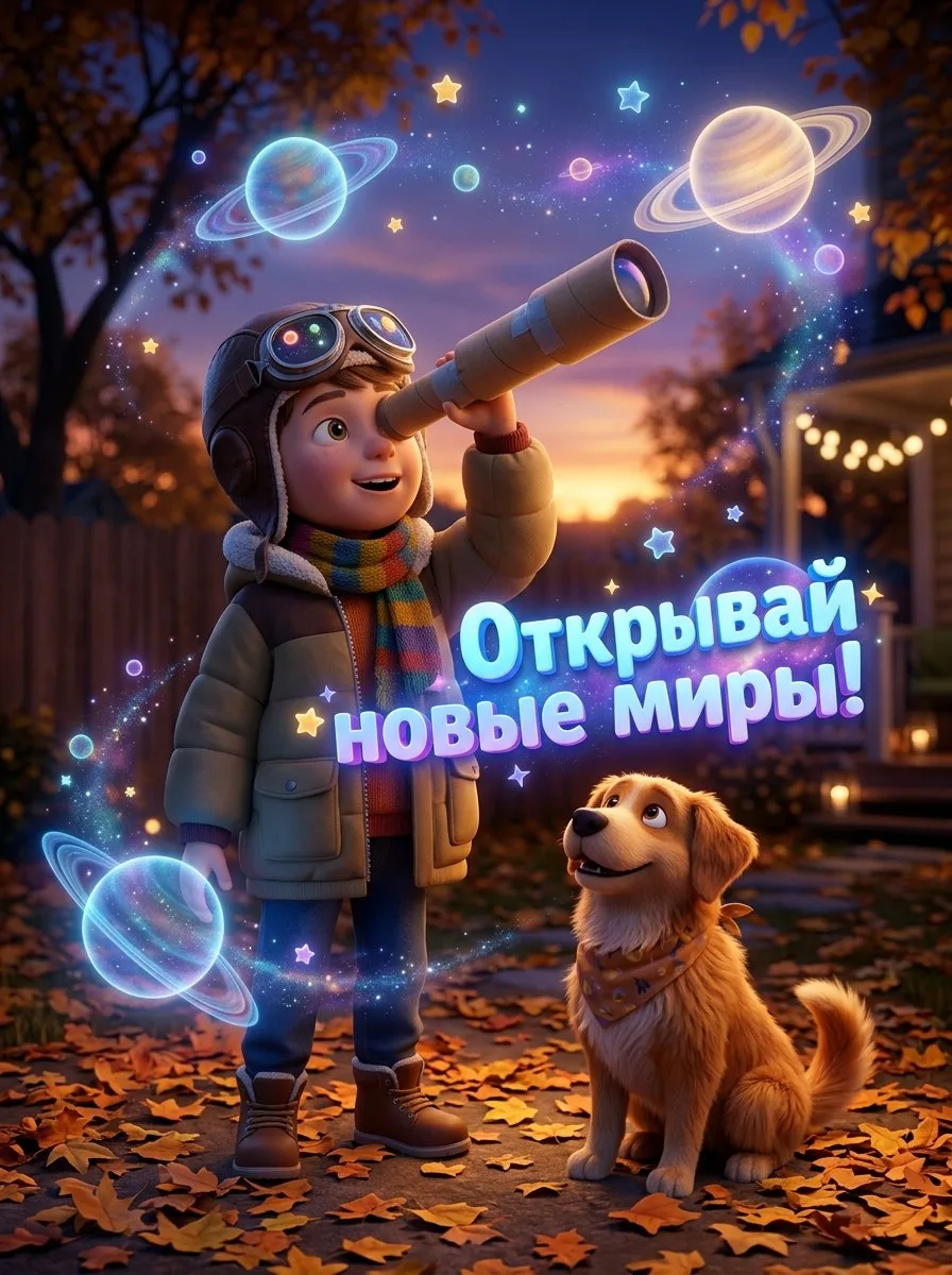 Открывай новые миры! Этот мальчик с верным псом уже рассматривает планеты через подзорн...