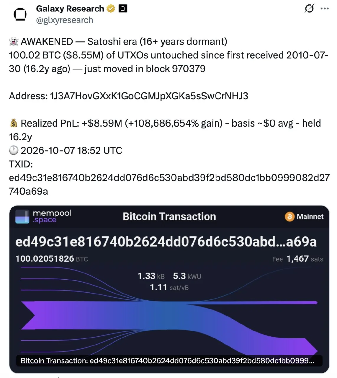⛏ Биткоин (BTC) в количестве ≈100 BTC, добытых 30 июля 2010 года, впервые перемещён пос...