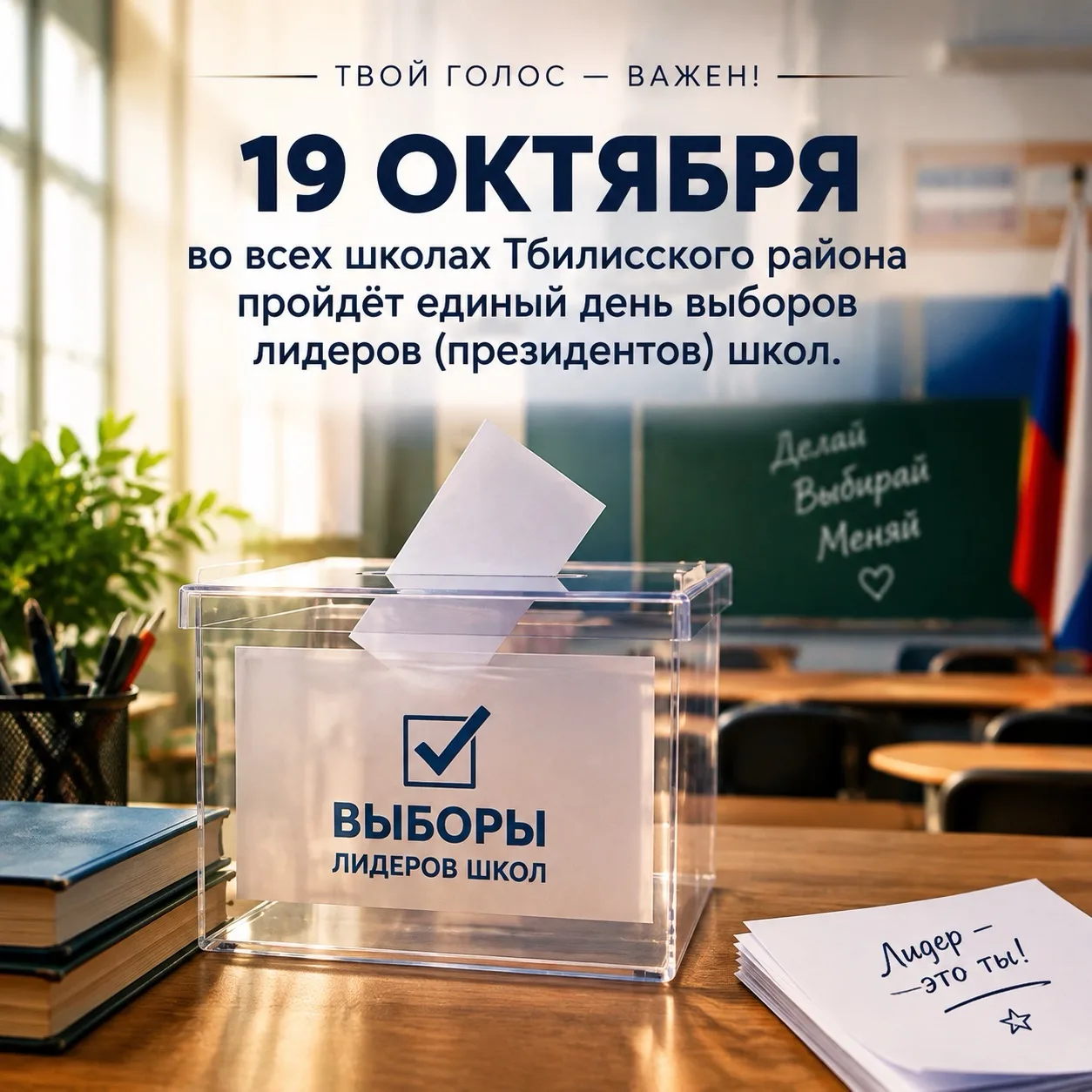 1️⃣9️⃣ октября во всех школах Тбилисского района пройдёт единый день выборов лидеров (п...