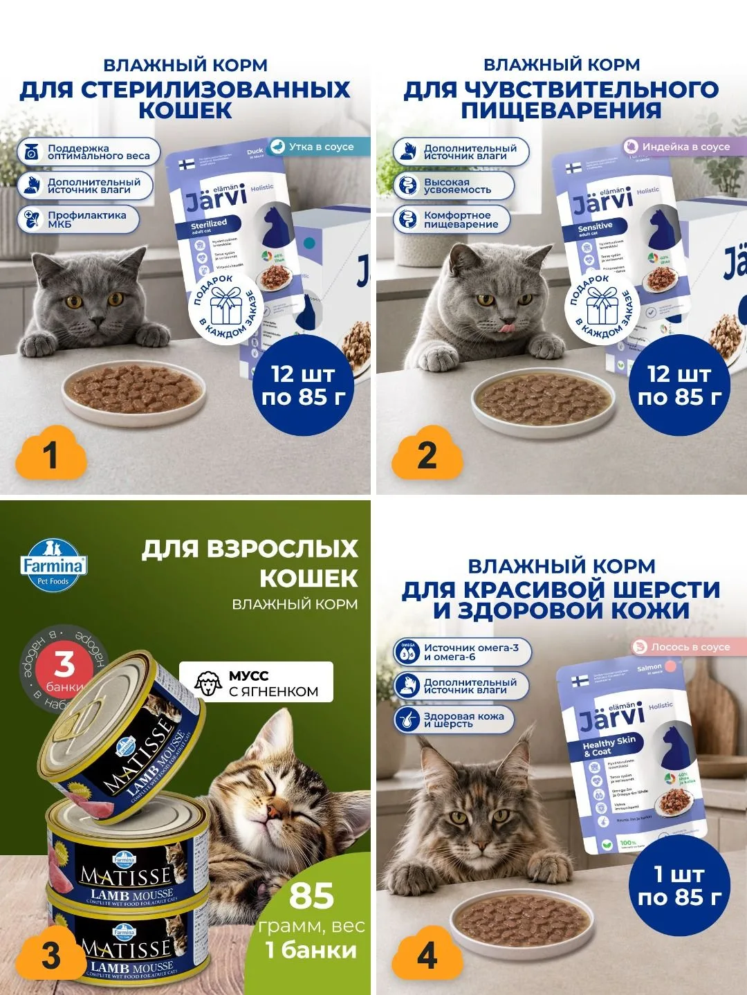 🐟 Влажный корм для кошек — паучи и консервы, на каждый день