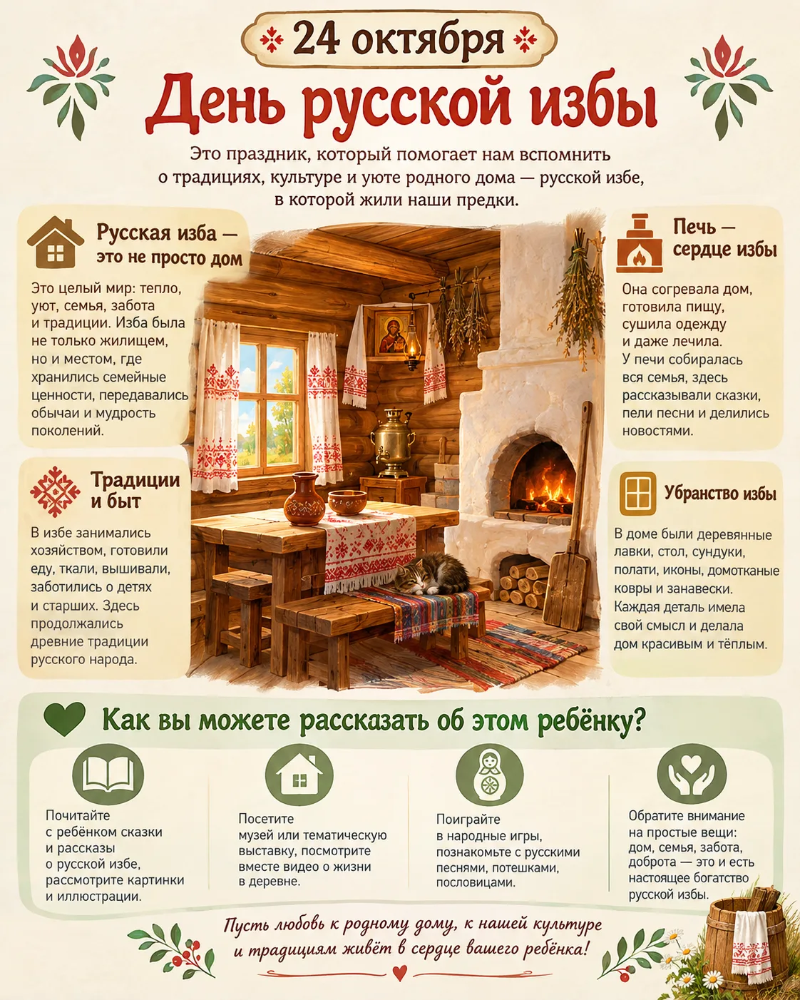 24 октября отмечается День русской избы. Этот праздник посвящён традиционным деревянным...