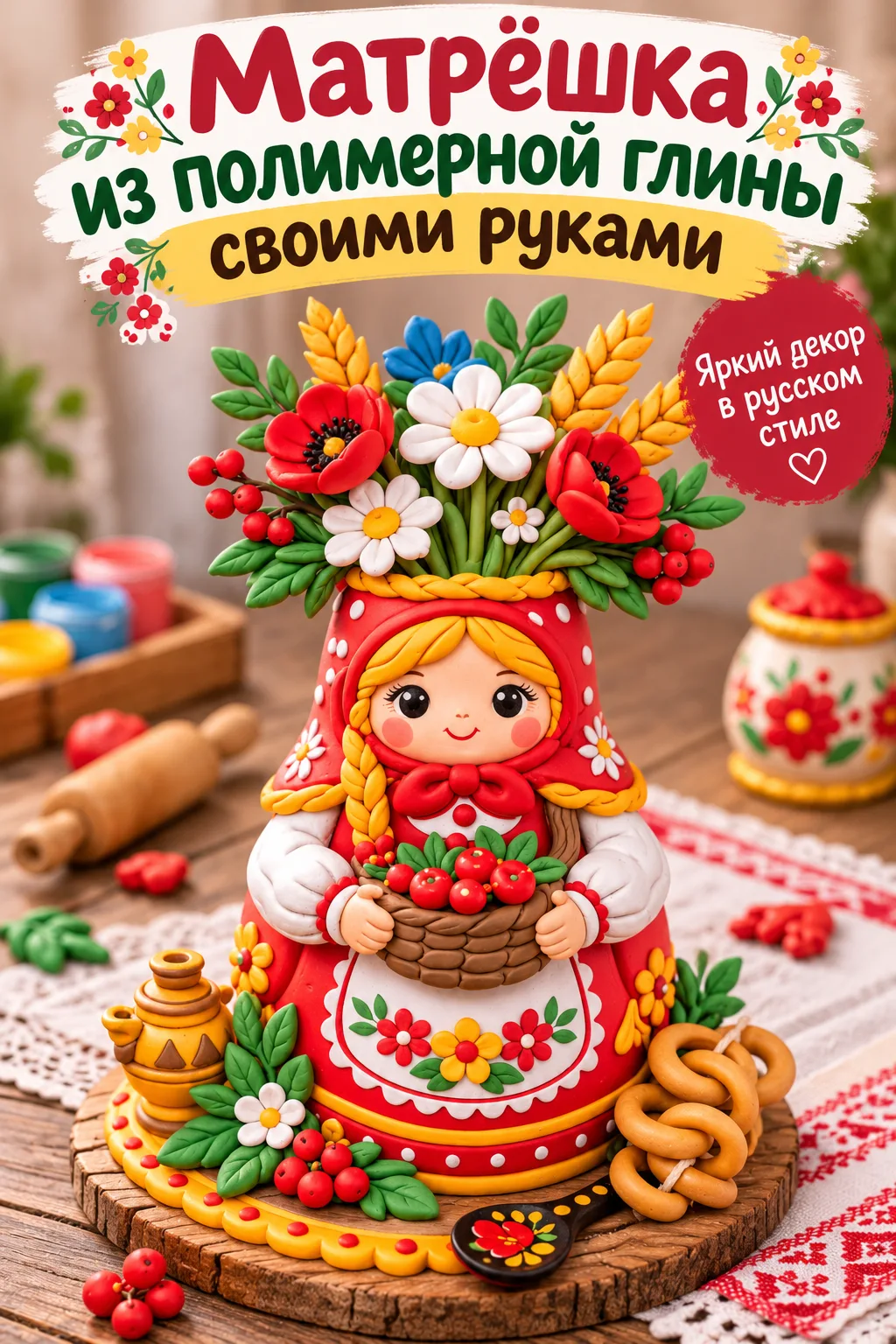 Матрёшка из полимерной глины с цветами — яркая идея декора своими руками в русском стиле.