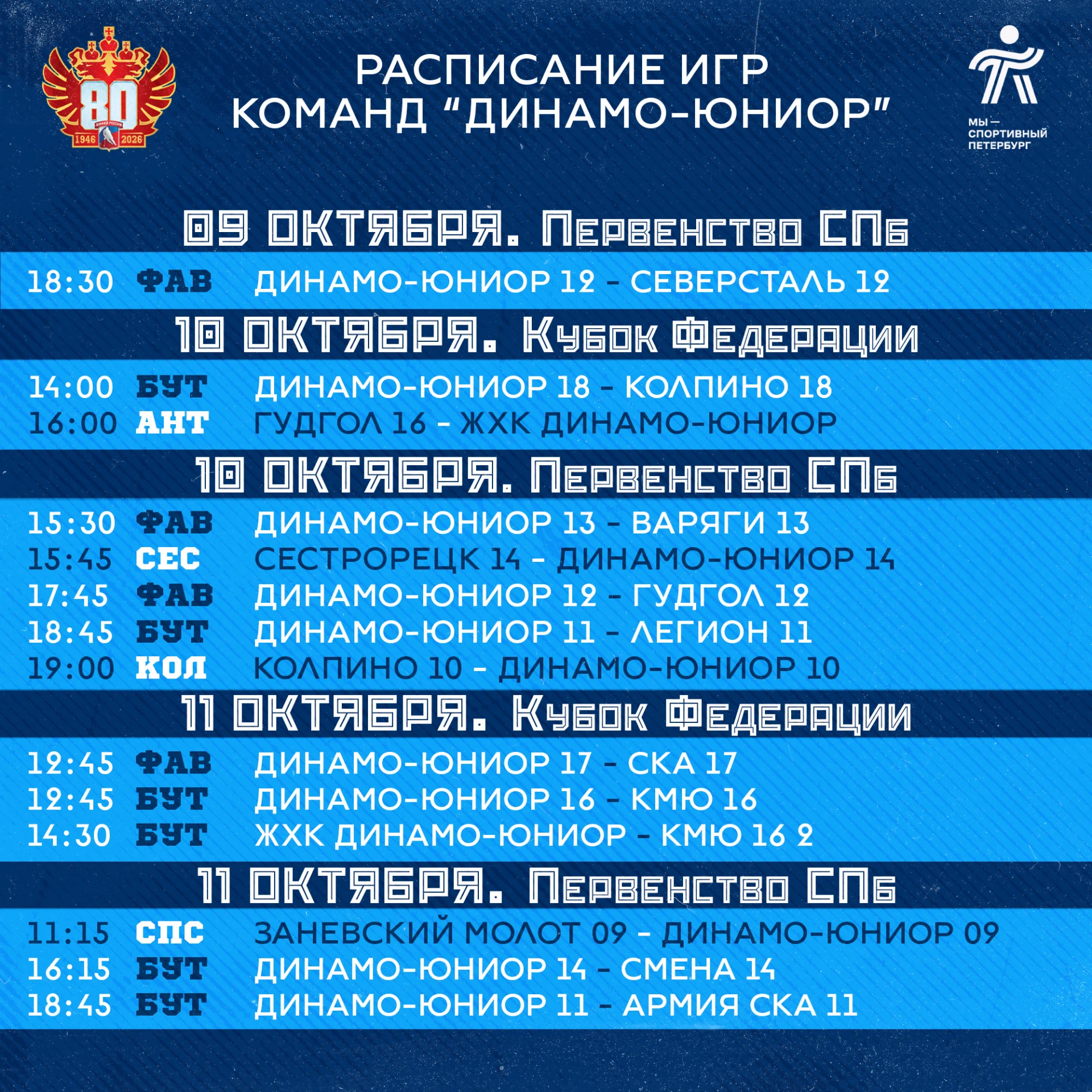 🔹Расписание игр команд школы по хоккею «Динамо-юниор» на текущей неделе.