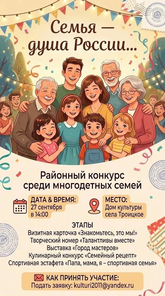 Приглашаем многодетные семьи принять участие в районном конкурсе «Семья — душа России...»!