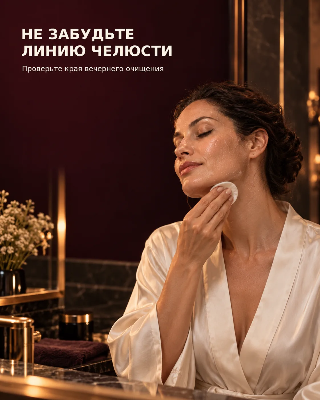 Щёки уже чистые, но средство могло остаться у линии волос, возле ушей и под челюстью. З...