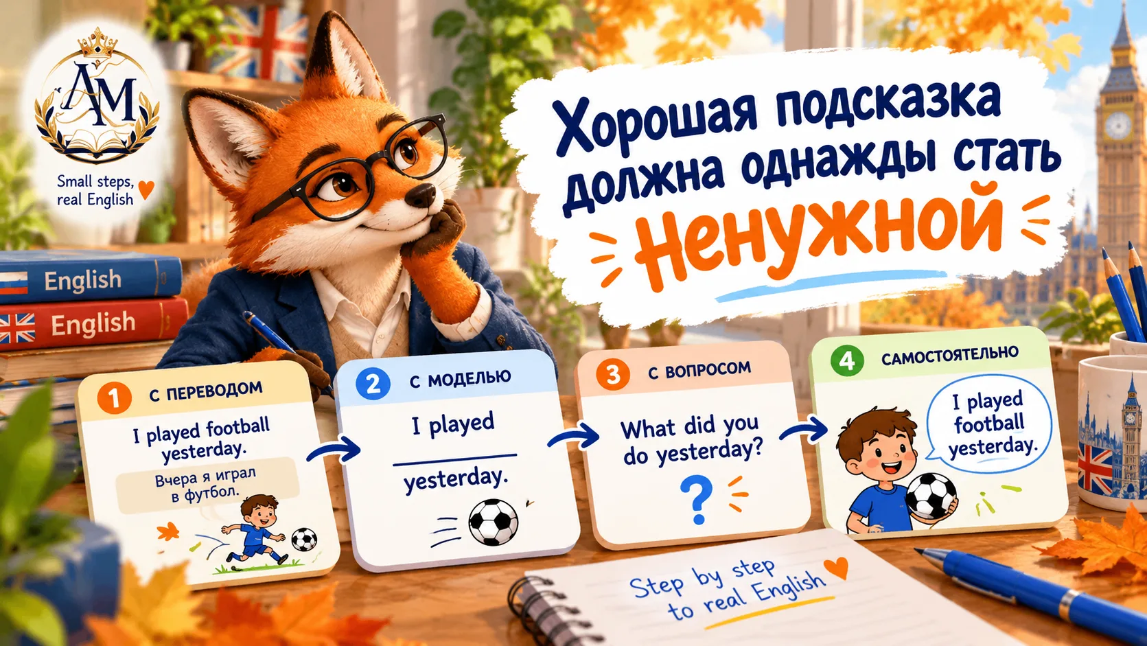 Часто ребёнку действительно нужна опора: перевод, пример, начало фразы, картинка или го...