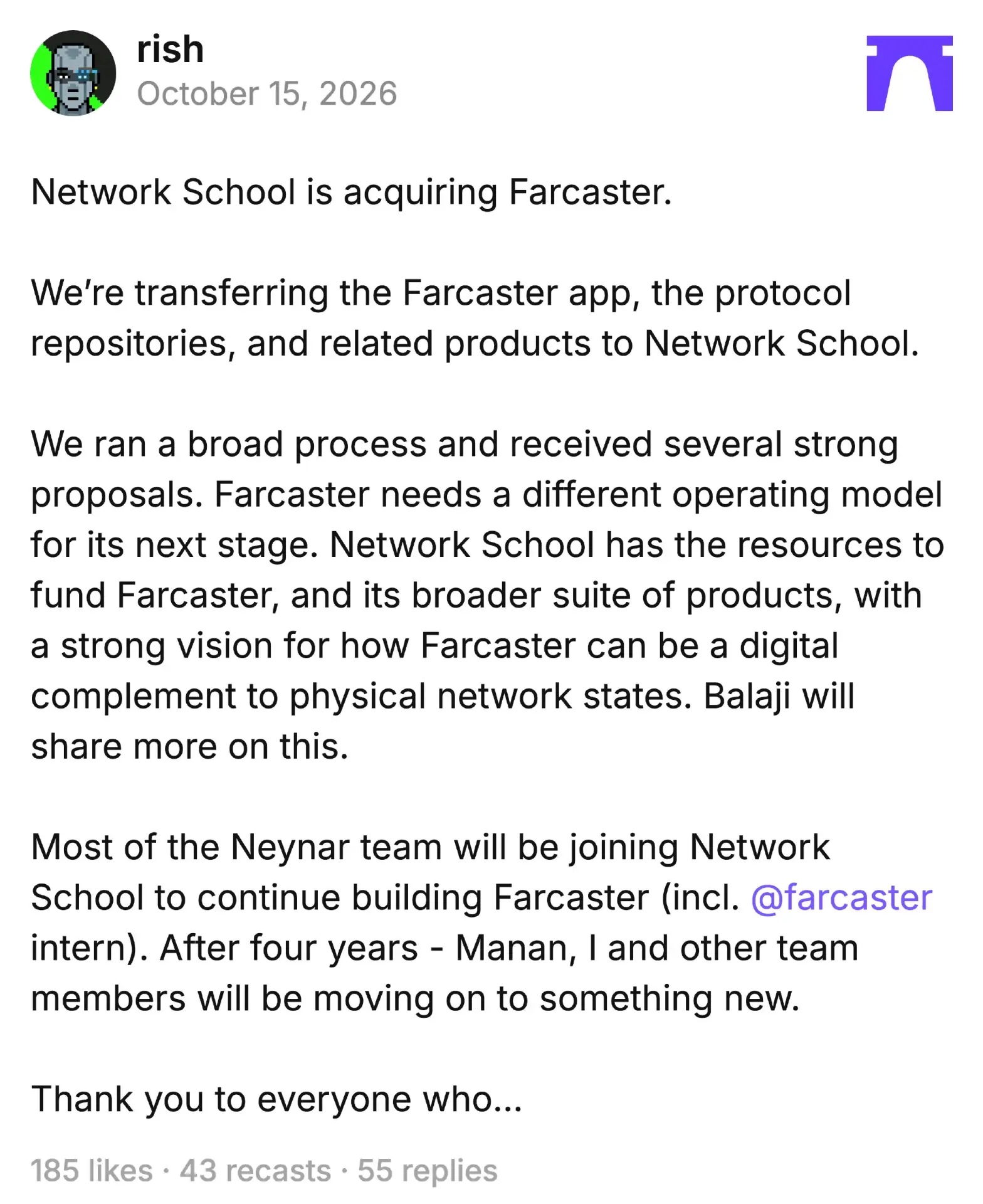 📜 Network School, основанная Балоджи Сринивасаном, совершила покупку протокола Farcast...