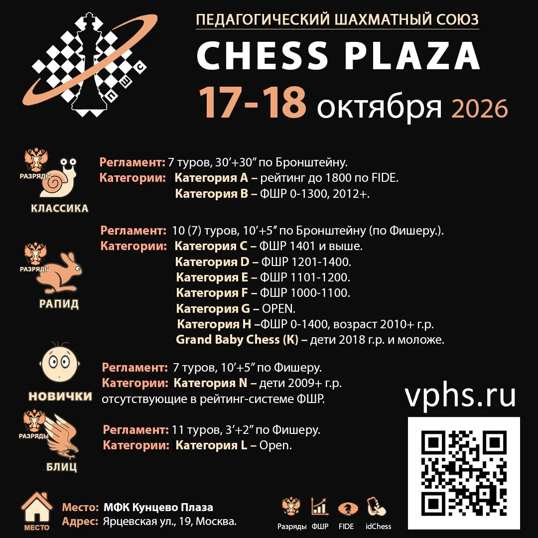 📢 17 - 18 ОКТЯБРЯ ПШС приглашает Вас на шахматный турнир CHESS PLAZA!