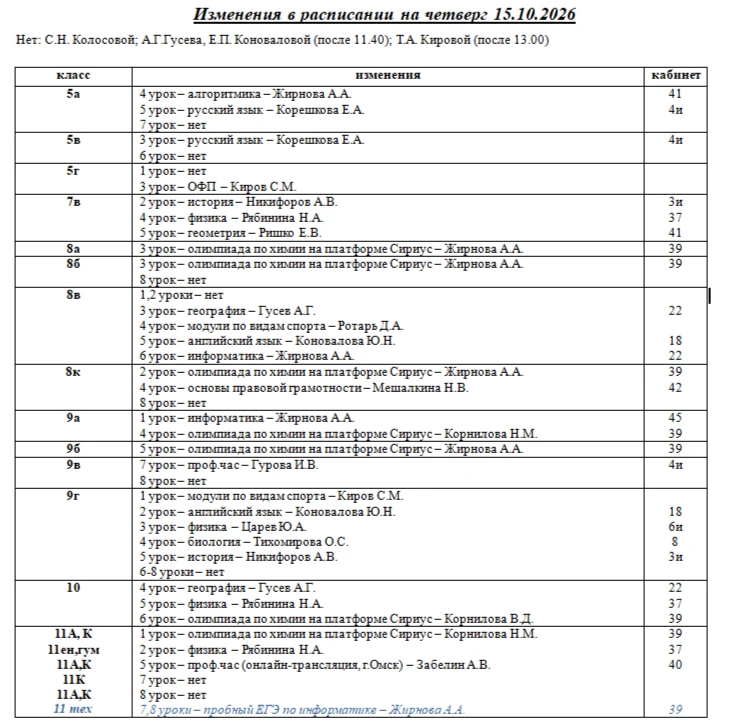 Изменения в расписании на 15 октября 2026 года