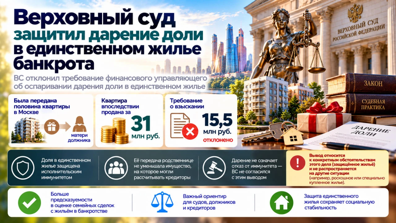 Верховный суд (ВС) защитил дарение доли в единственном жилье банкрота — отклонил требов...