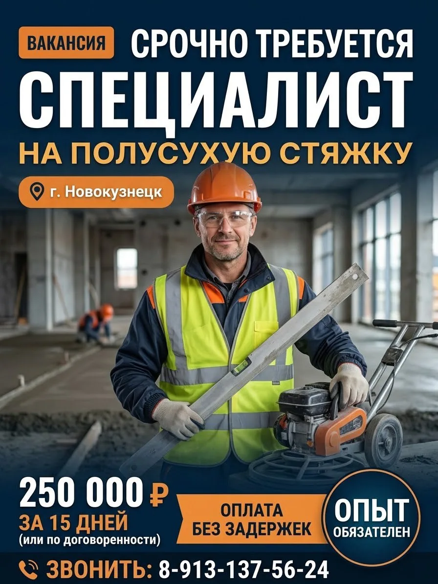 🔨 СРОЧНО! Ищем одного специалиста на полусухую стяжку (правка, шлифовка).