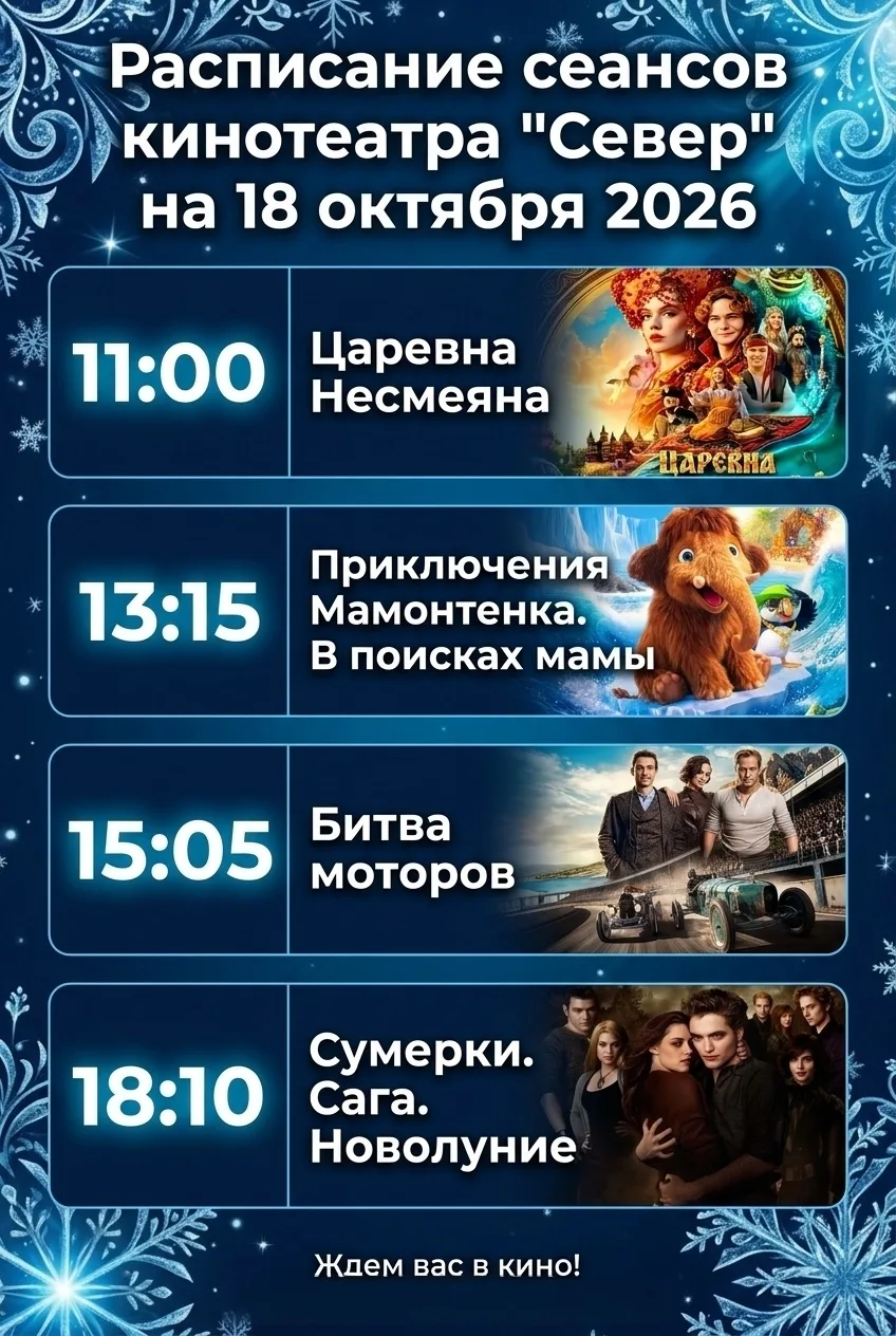 Расписание сеансов кинотеатра "Север" на 18 октября 2026 г.