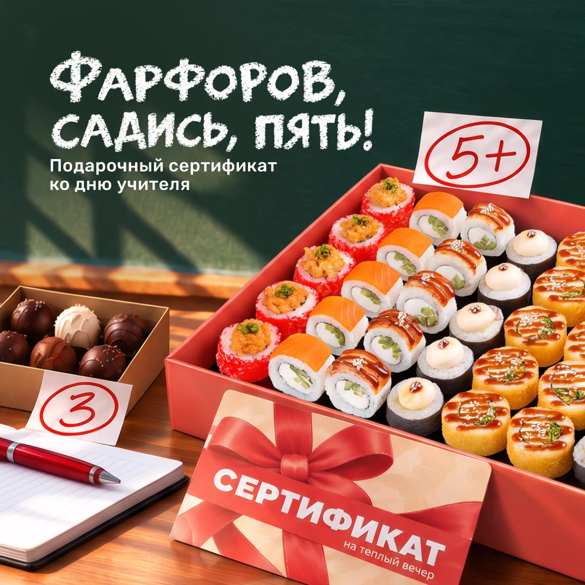 Подари любимому учителю вкусный подарок! Сертификат на роллы или пиццу будут тёплым и у...