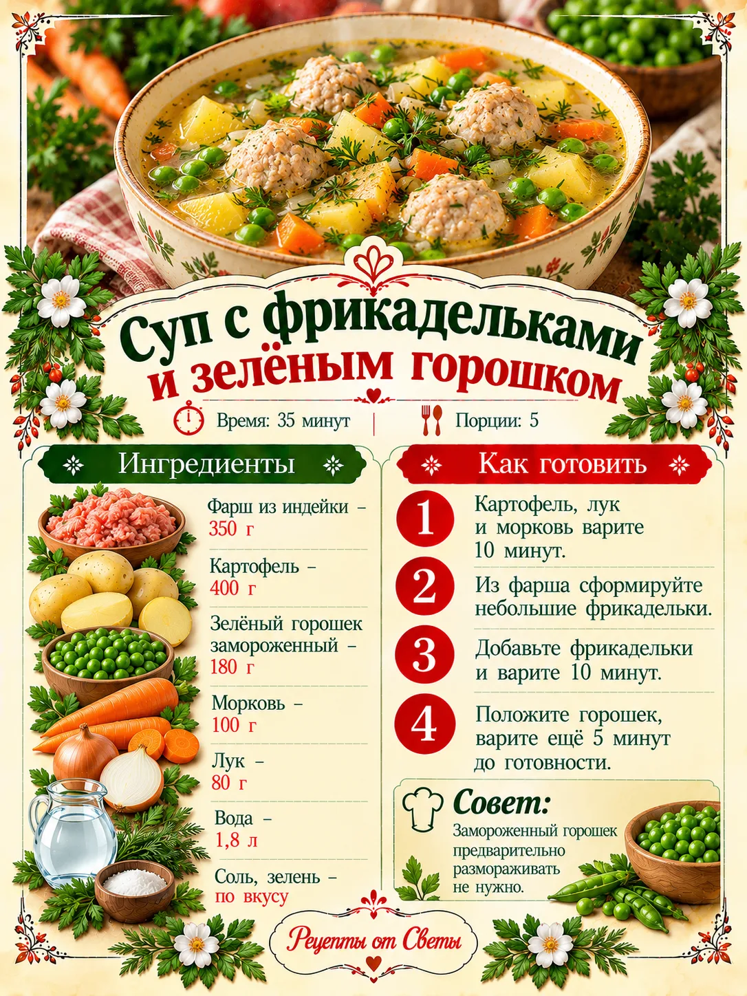 🥣 Домашний суп с фрикадельками и зелёным горошком, с которым обед получается ярким, сы...