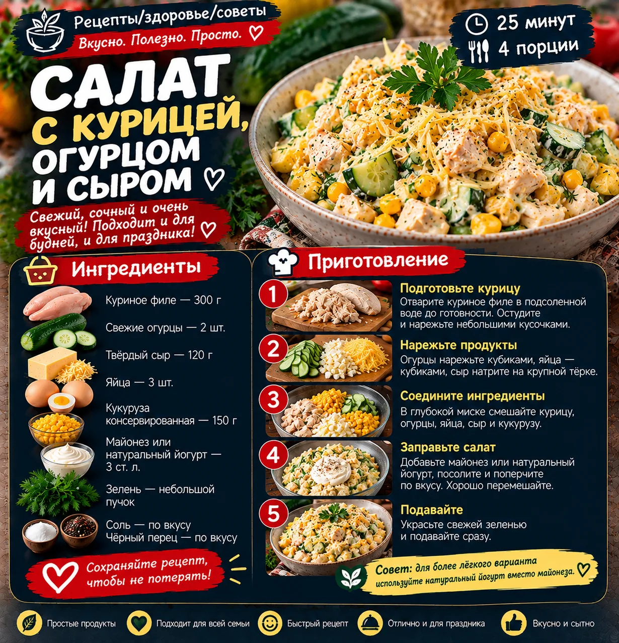 🥗 САЛАТ С КУРИЦЕЙ, ОГУРЦОМ И СЫРОМ