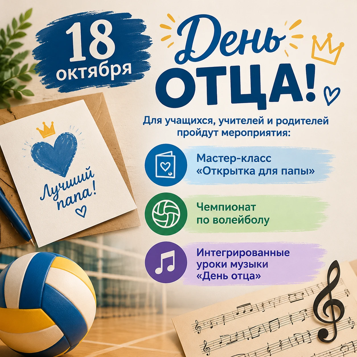 15 октября в 16.00 состоится матчевая встреча по волейболу между командой родителей и к...