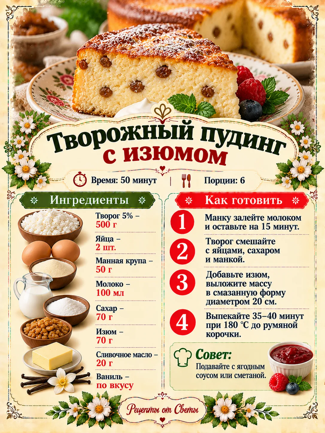 🍰 Творожный пудинг с изюмом, нежный, румяный и такой домашний, что к нему срочно нужен...