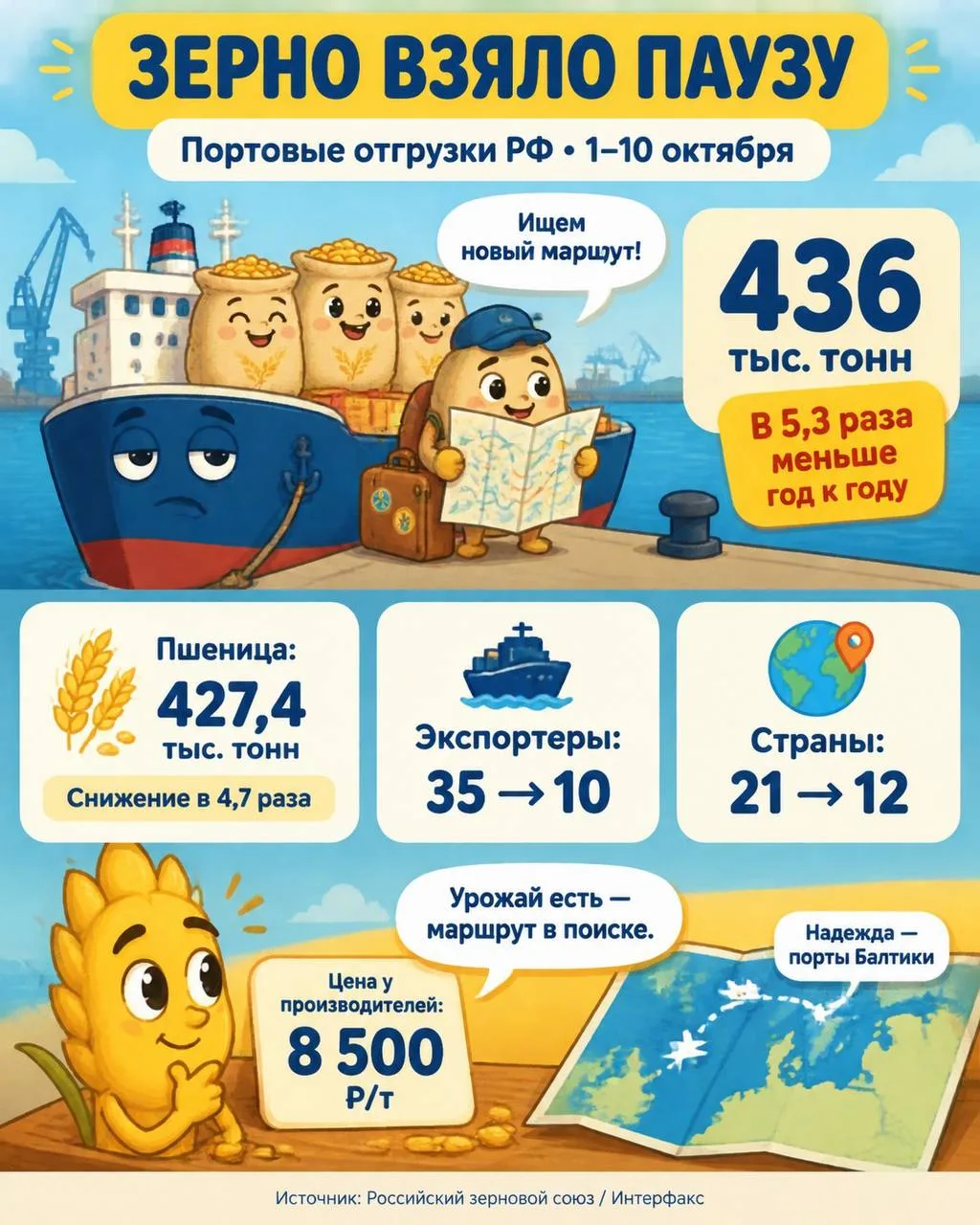РФ резко сократила экспорт зерна через порты: за первые десять дней октября отгружено 4...