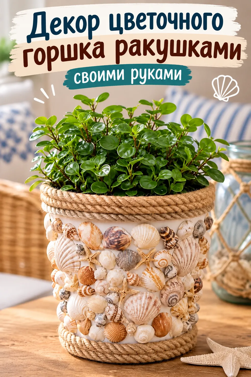 Декор цветочного горшка ракушками своими руками — уютная идея для интерьера в морском с...