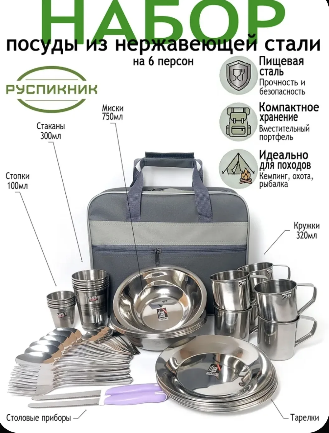 🛍Подарочный набор посуды из нержавейки для пикника в портфеле