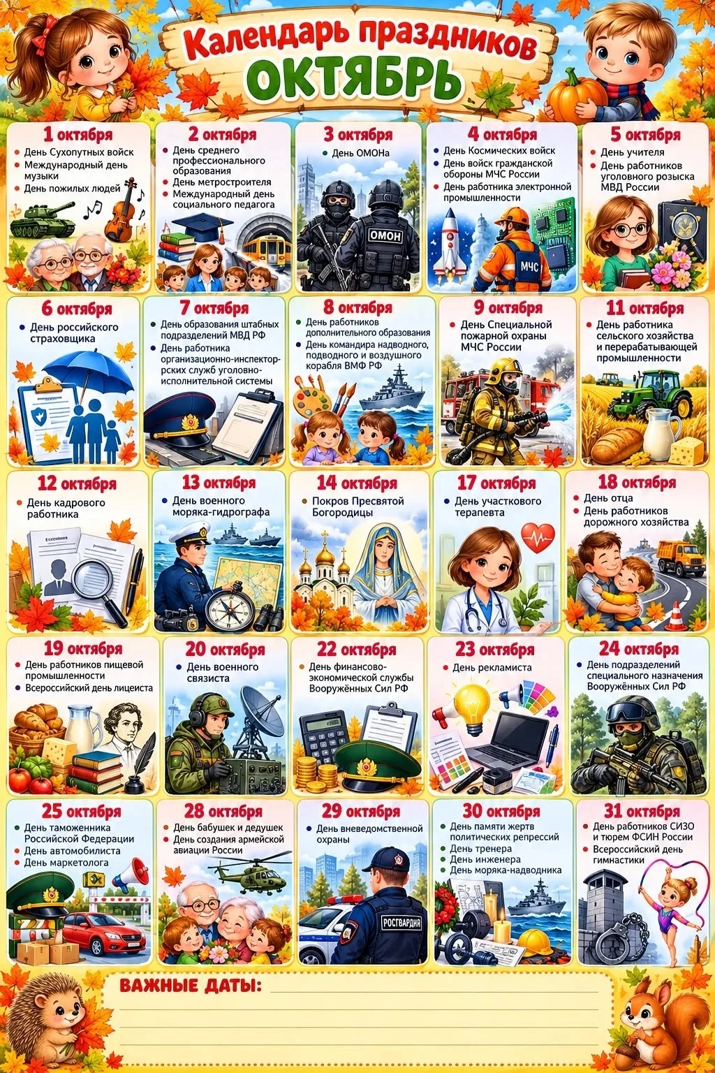 Календарь праздников Октябрь