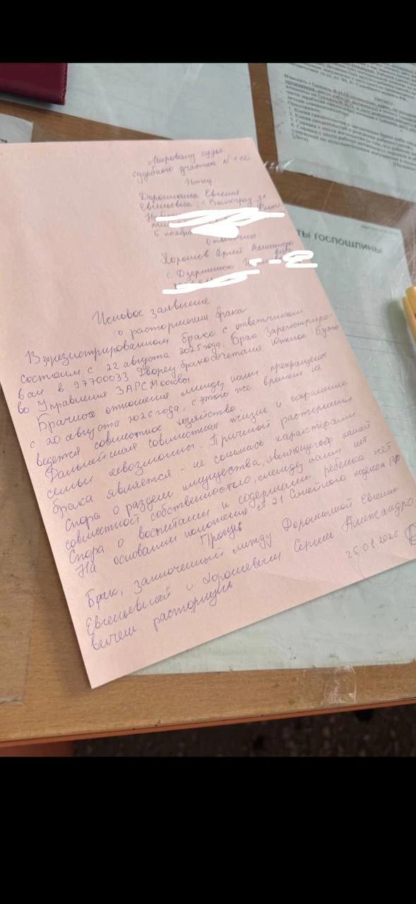 Евгения Дорожкина опубликовала заявление на развод с Хорошевым: