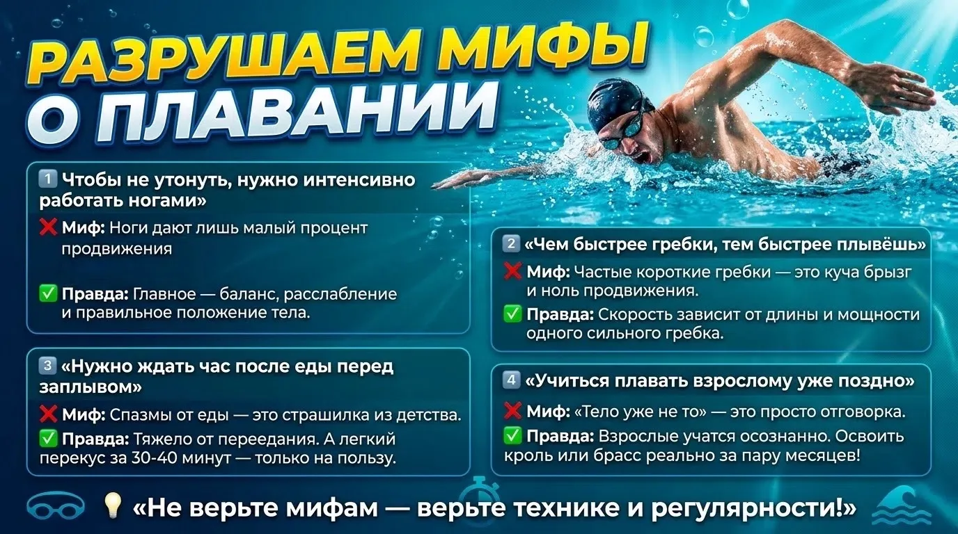 🏊🏻‍♀️🏊🏼‍♂️ Вокруг плавания ходит много заблуждений. Они мешают новичкам расслабитьс...