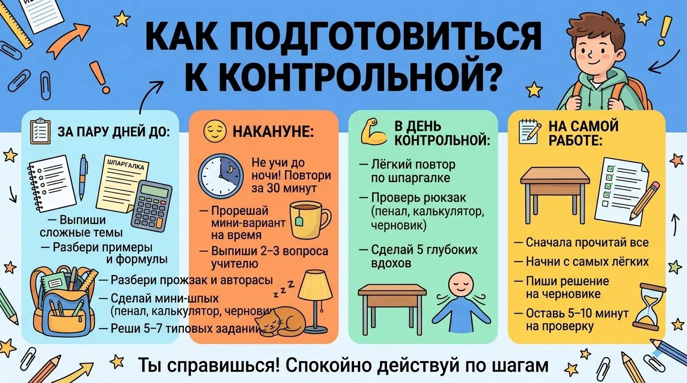 🎒 Контрольная близко? Не паникуй — вот короткий и рабочий план подготовки! 👇