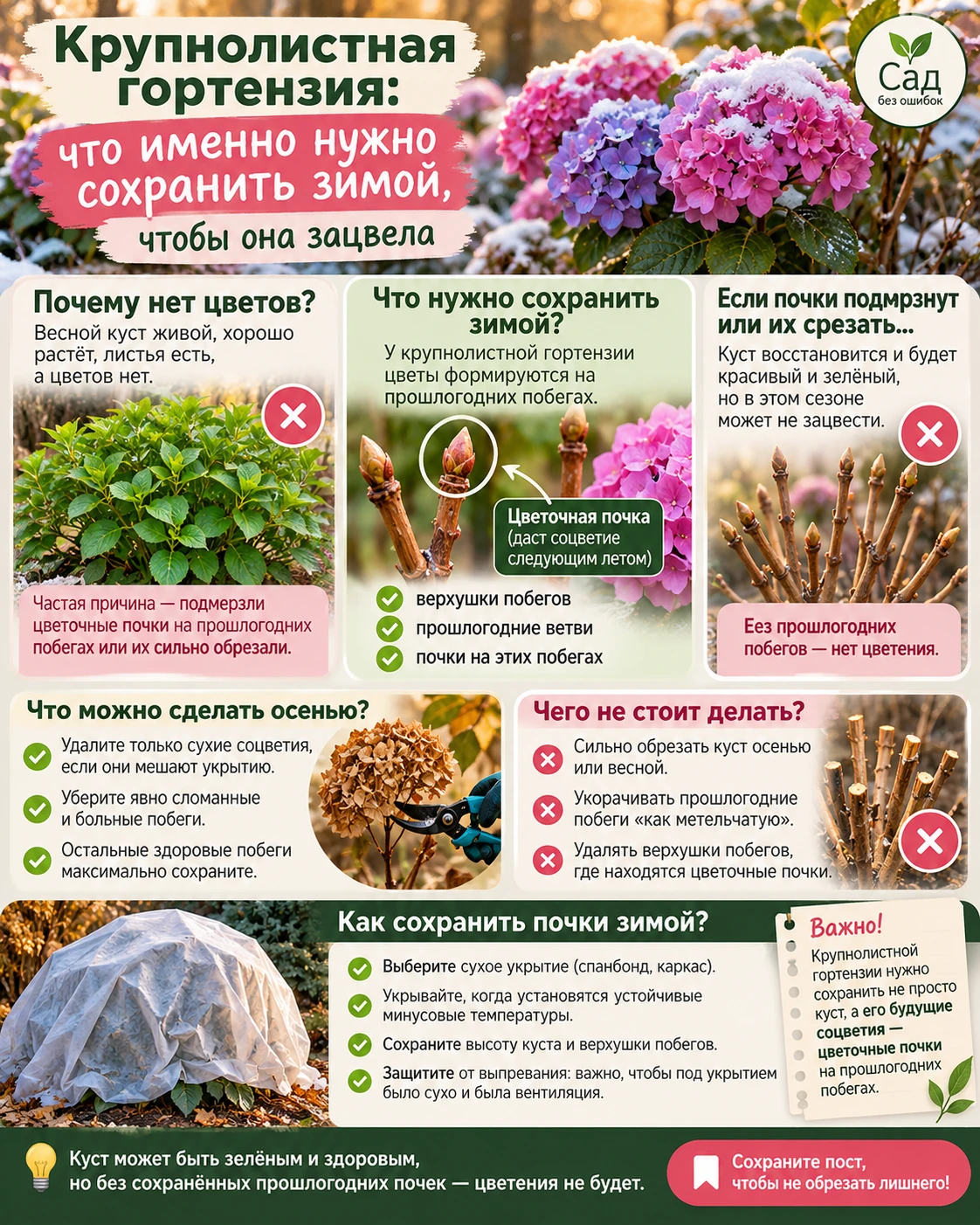 🌸 Крупнолистная гортензия: что именно нужно сохранить зимой, чтобы она зацвела