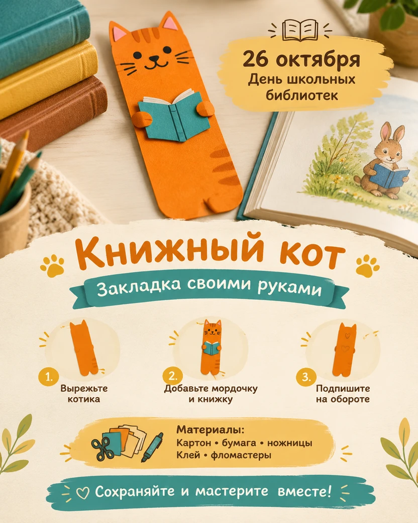 Шаблоны закладки «Книжный кот» 🐱📚