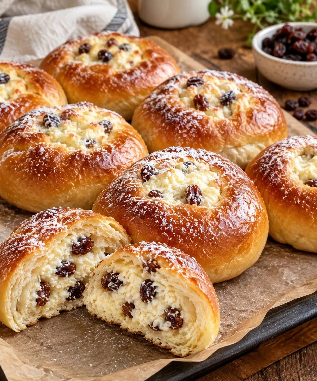 Воздушные булочки с творогом и изюмом.
