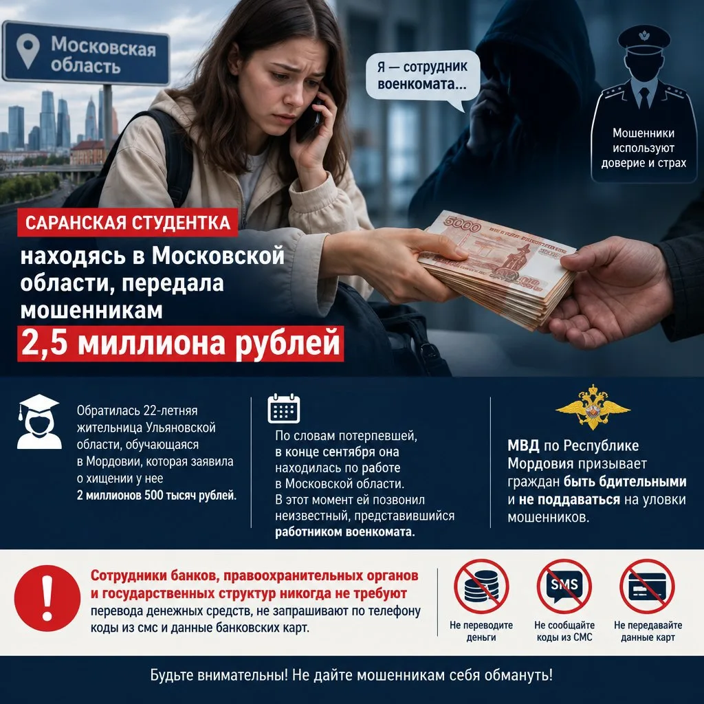 👩‍🎓Саранская студентка, находясь в Московской области, передала мошенникам 2,5 миллио...