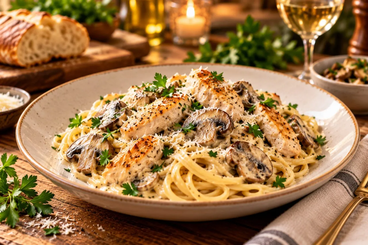 Спагетти с курицей и грибами в сливочном соусе
