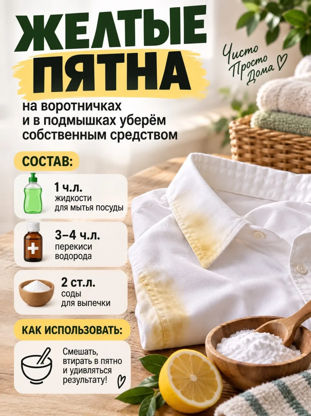 🍋 Избавляемся от жёлтых пятен на одежде