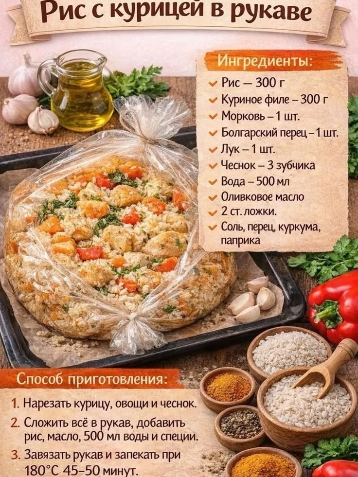 Рис с курицей в рукаве ✨