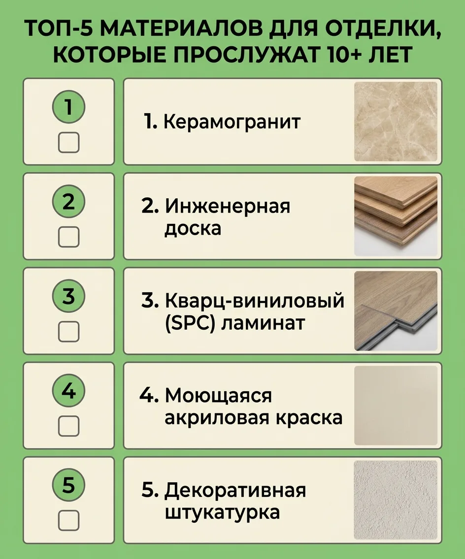 ⭐   Топ-5 материалов для отделки, которые прослужат 10+ лет: чек-лист